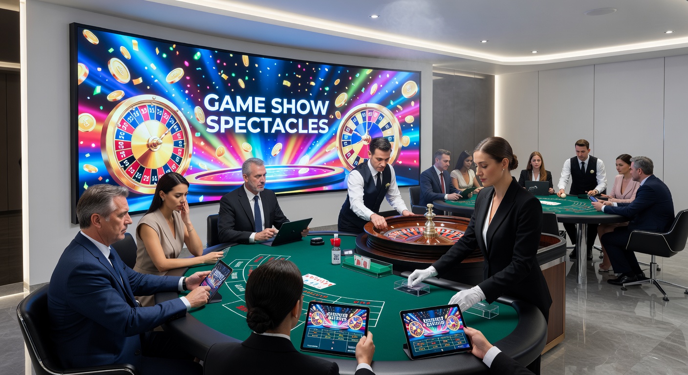 Dynamic game show host engaging viewers with multipliers and wheels in a vibrant live casino studio