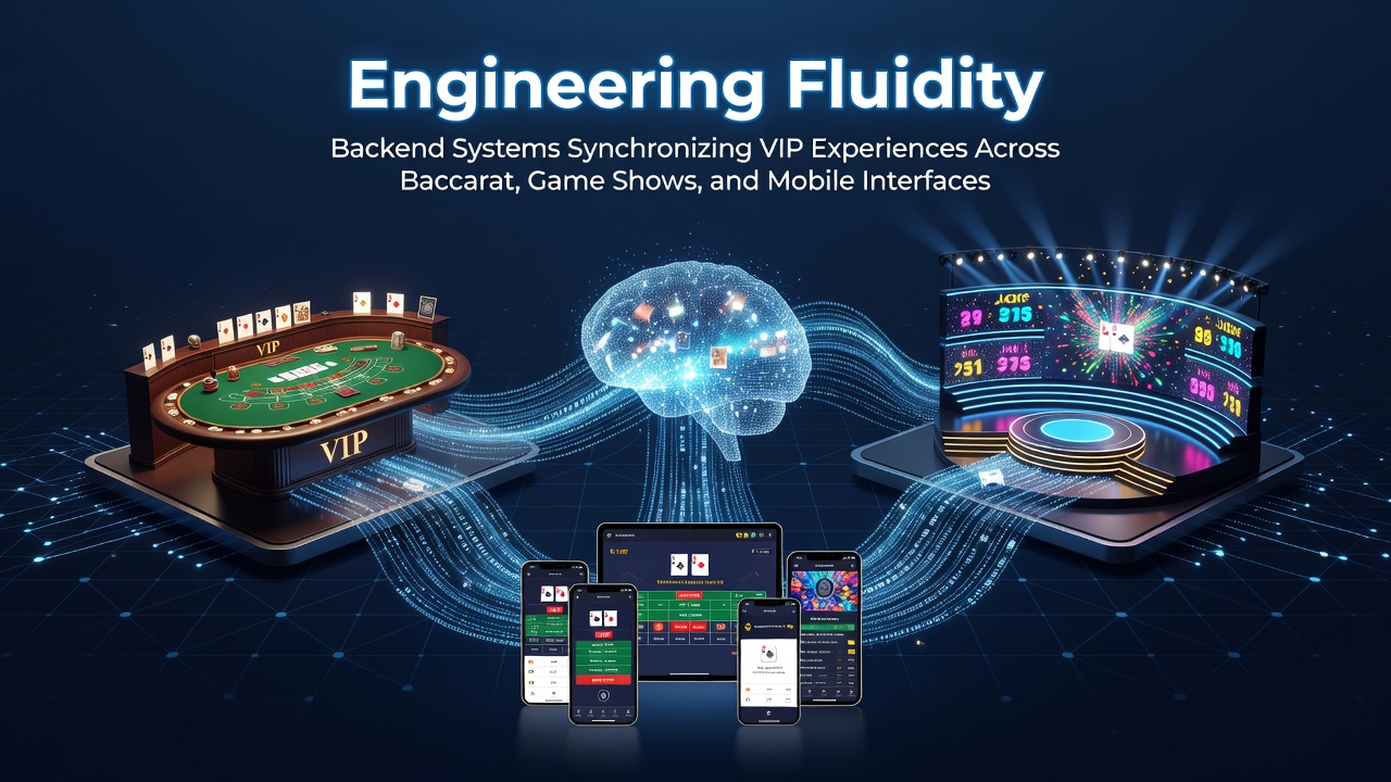 Diagram showing backend synchronization layers connecting baccarat tables, game show studios, and mobile VIP dashboards
