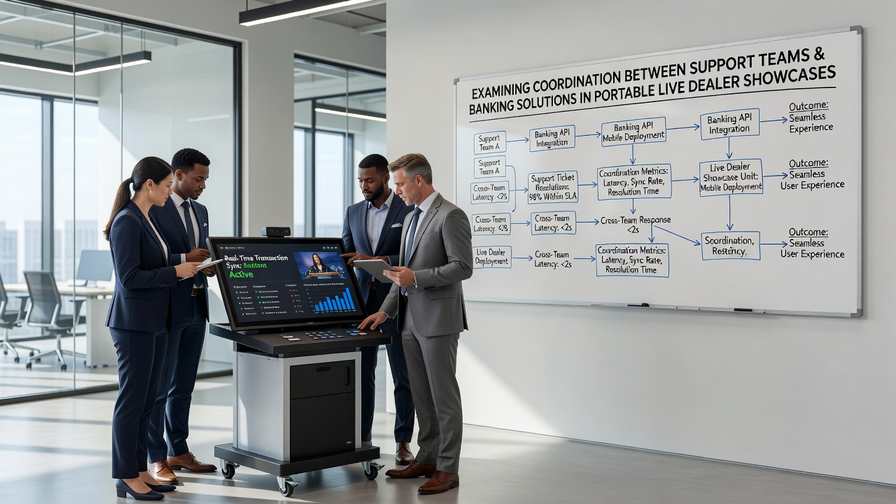 Support teams coordinating with banking solutions during mobile live dealer sessions on portable devices