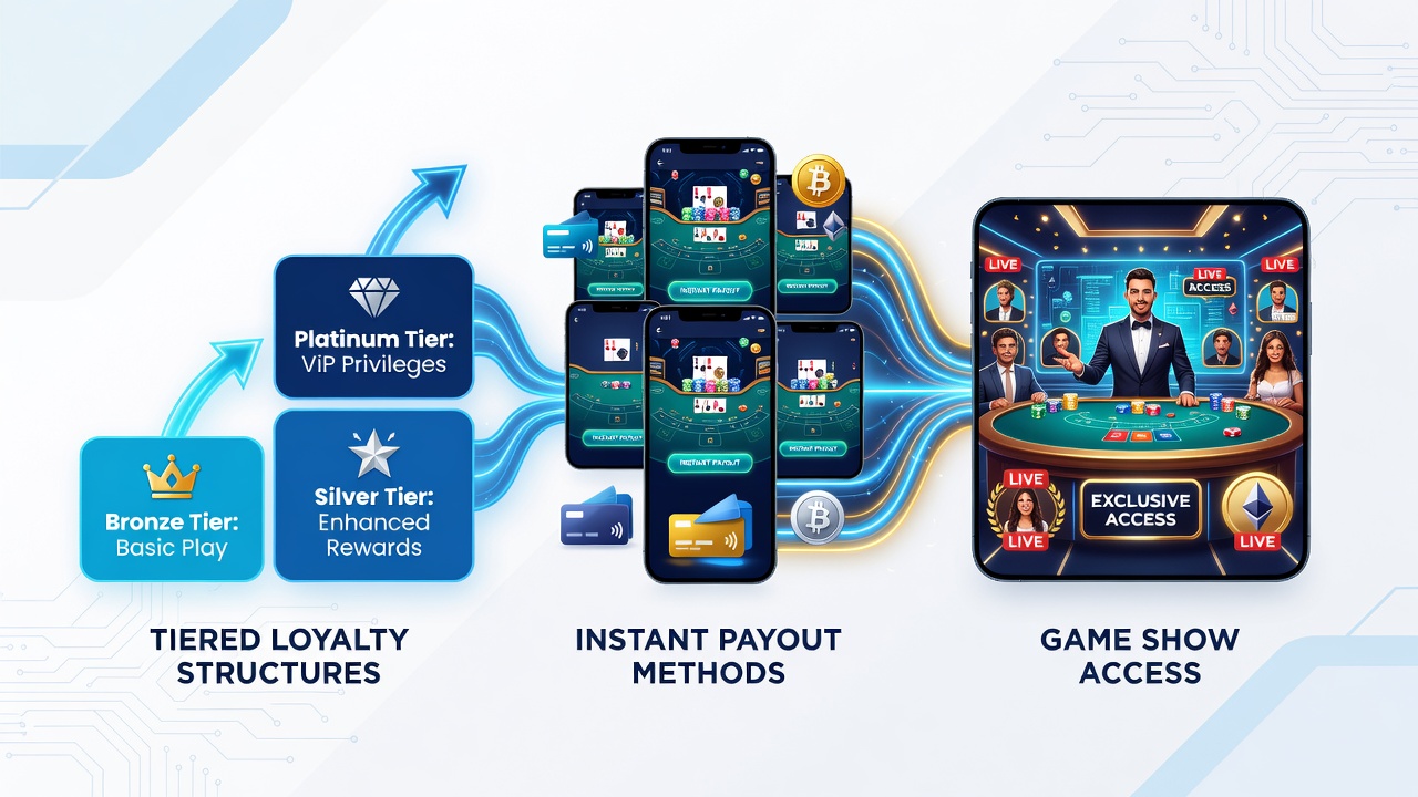 Live game show baccarat table on mobile device with loyalty badge overlay