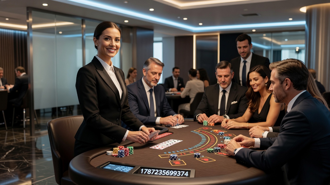 Multiple live dealer tables displayed on tablet and smartphone screens showing blackjack and baccarat sessions